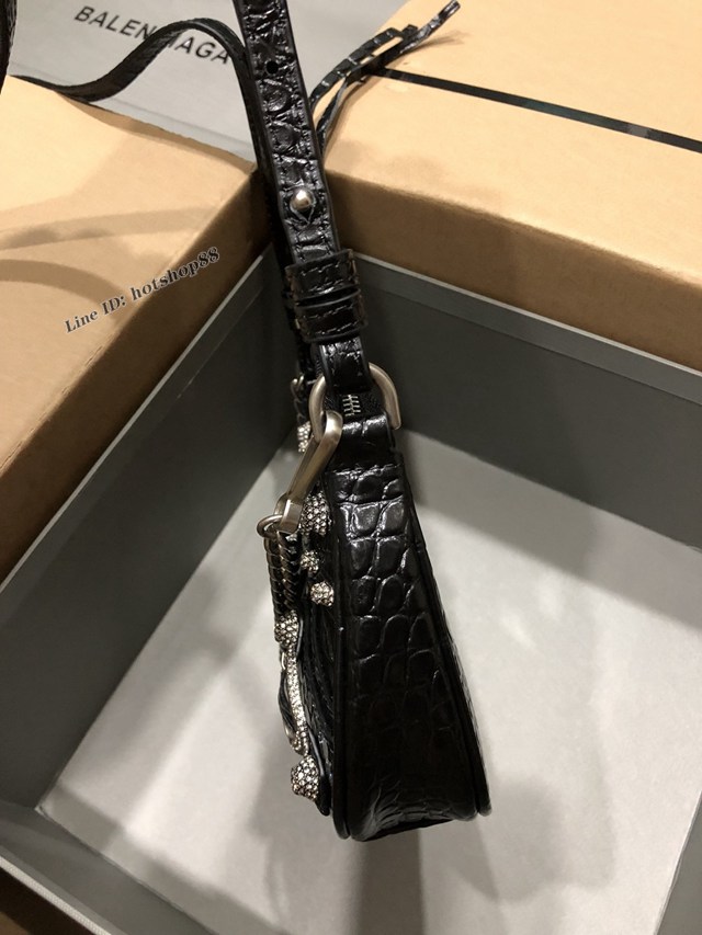 Balenciaga專櫃爆款機車包系列迷你鱷魚紋黑色帶鑽扣肩背女包 巴黎世家Le Cagole半月牙腋下包餃子包 fyj1947